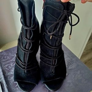 Suede/Leather Lace Up Peep Toe Ankle Booties